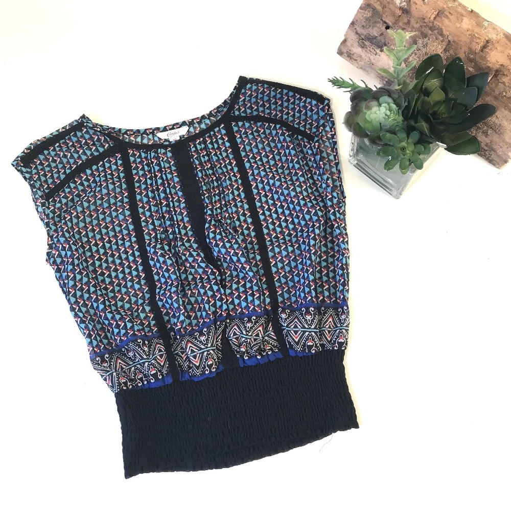 Candies Womens Top Sheer Short Sleeves Blue Print